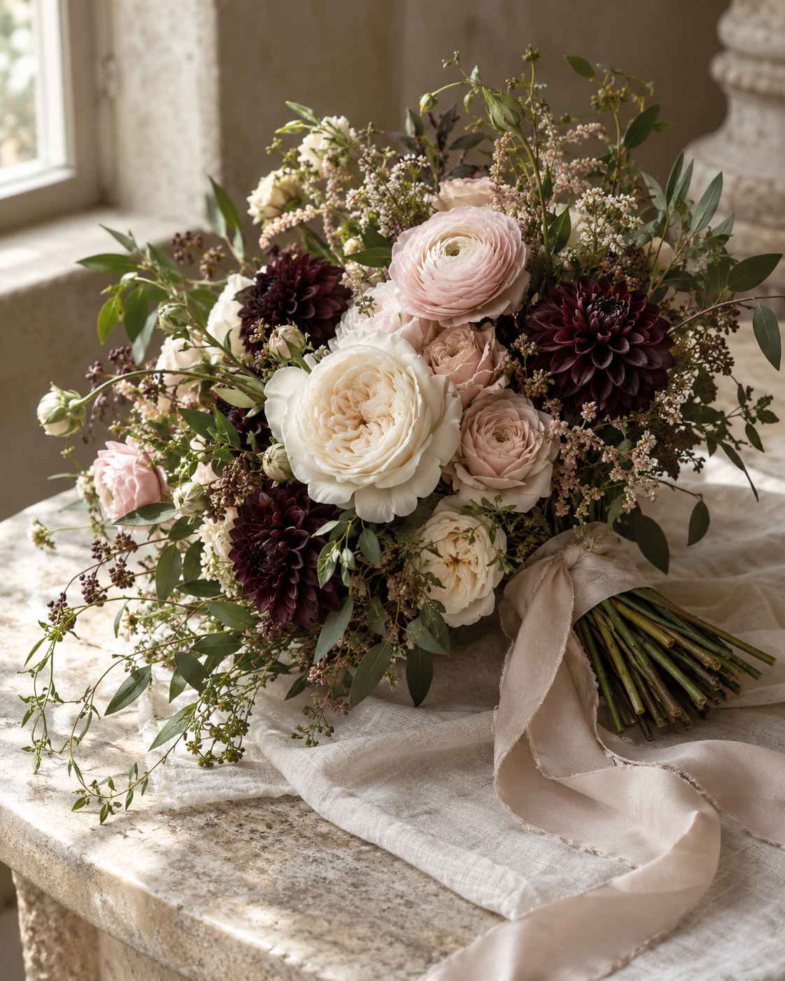 AI concept of a hand-tied ivory, blush and plum bridal bouquet