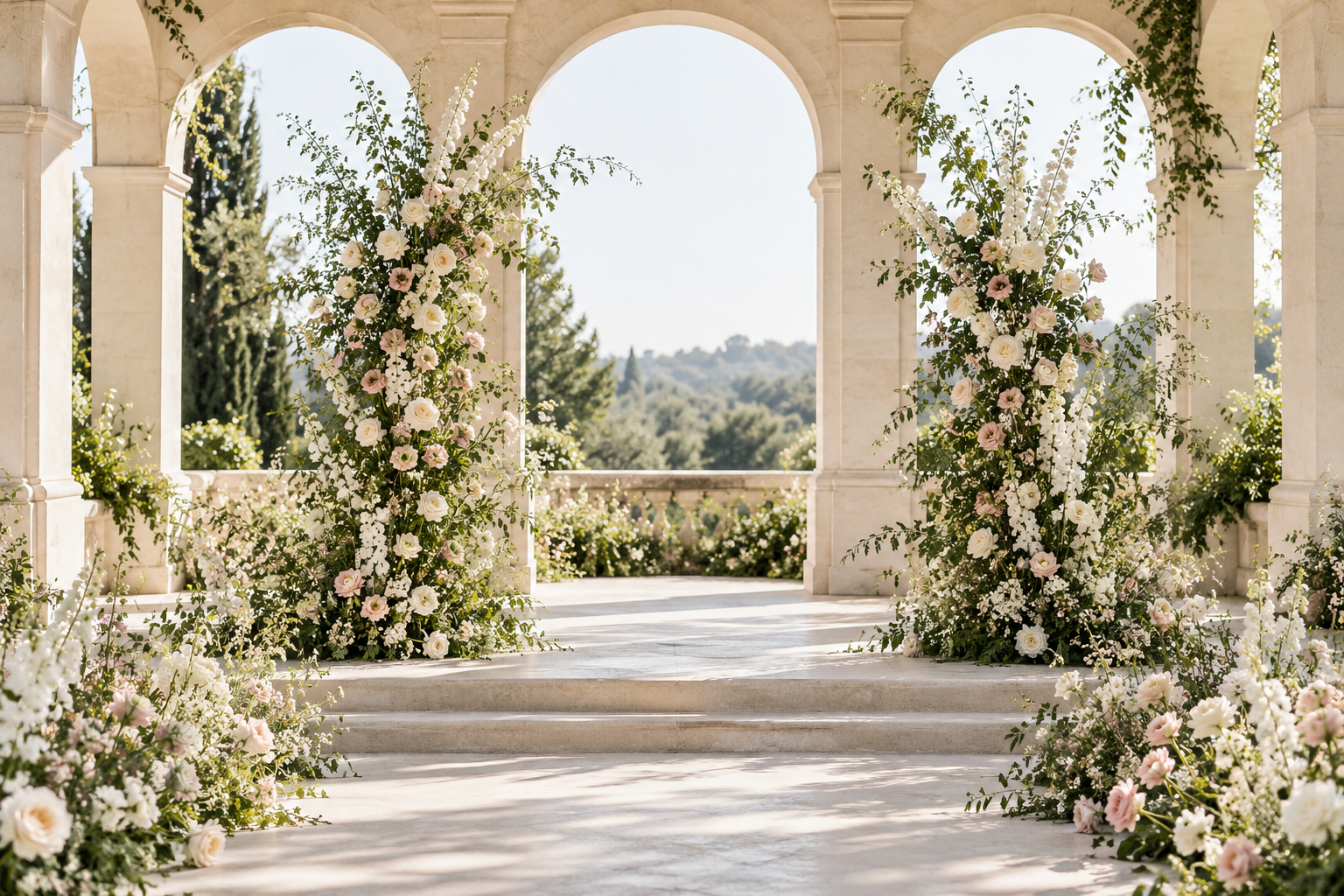 AI-generated floral concept: ivory and blush ceremony flowers in a garden pavilion