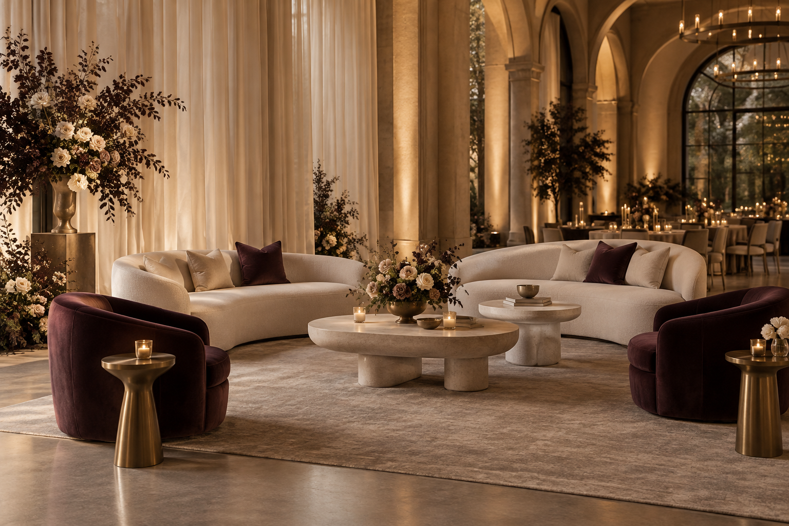 AI concept: ivory sofas and plum velvet lounge seating