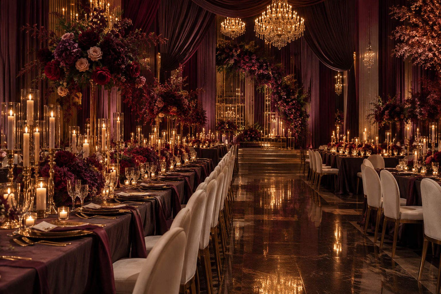 AI concept: plum florals and candlelit wedding reception
