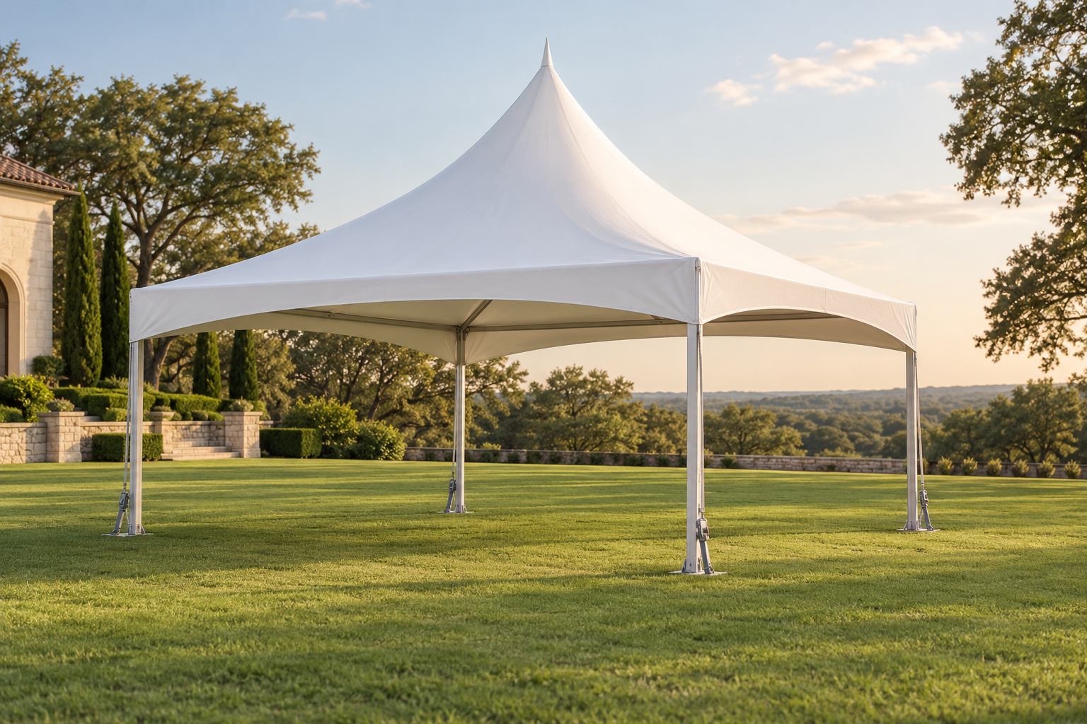 Original AI illustration of 20 × 20 High Peak Frame Tent; actual supplier equipment may differ